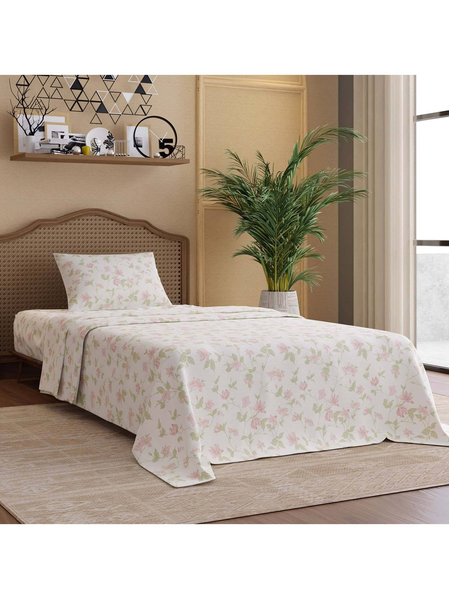 Boutique Living Cottage Garden Cotton 300TC White Floral Bedsheet with 1 Pillow Cover (Single)