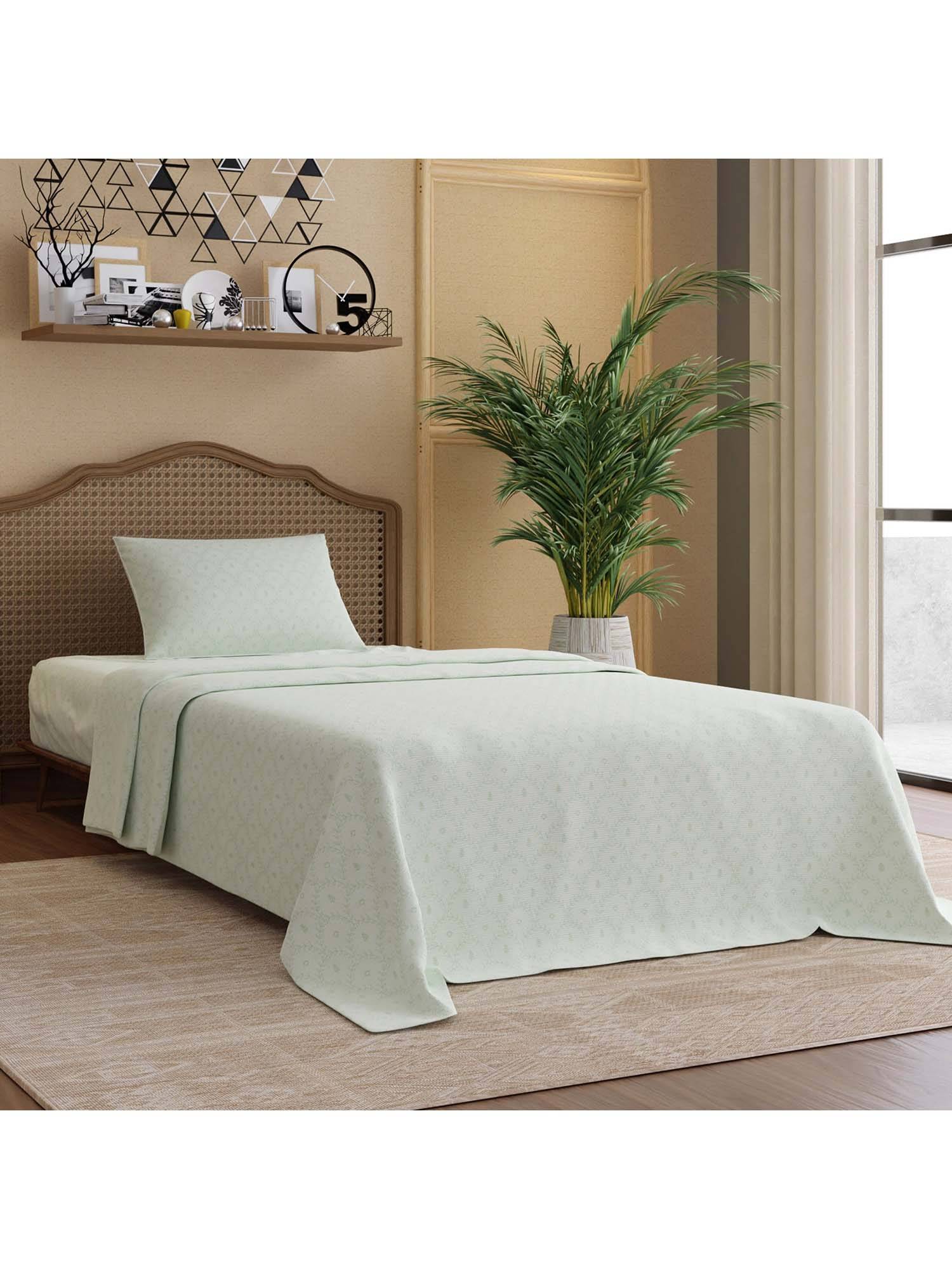 Boutique Living Cottage Garden Cotton 300TC Green Floral Bedsheet with 1 Pillow Cover (Single)