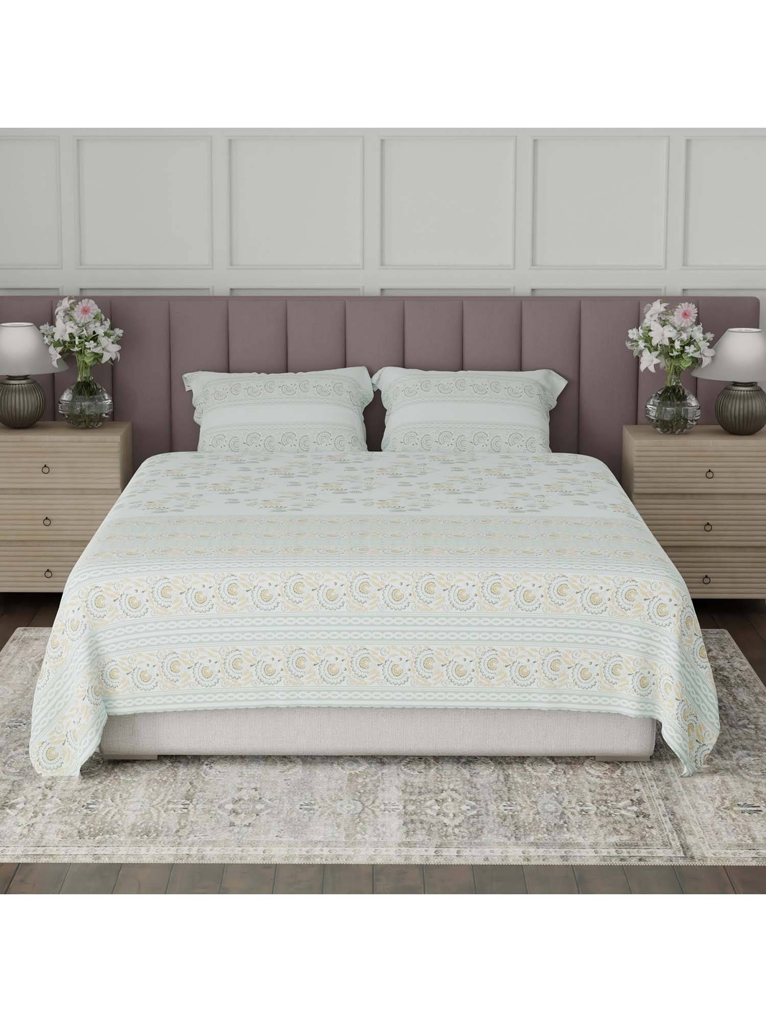 Boutique Living Valatia Tarang Cotton 200TC Green Floral Bedsheet with 2 Pillow Covers (King)