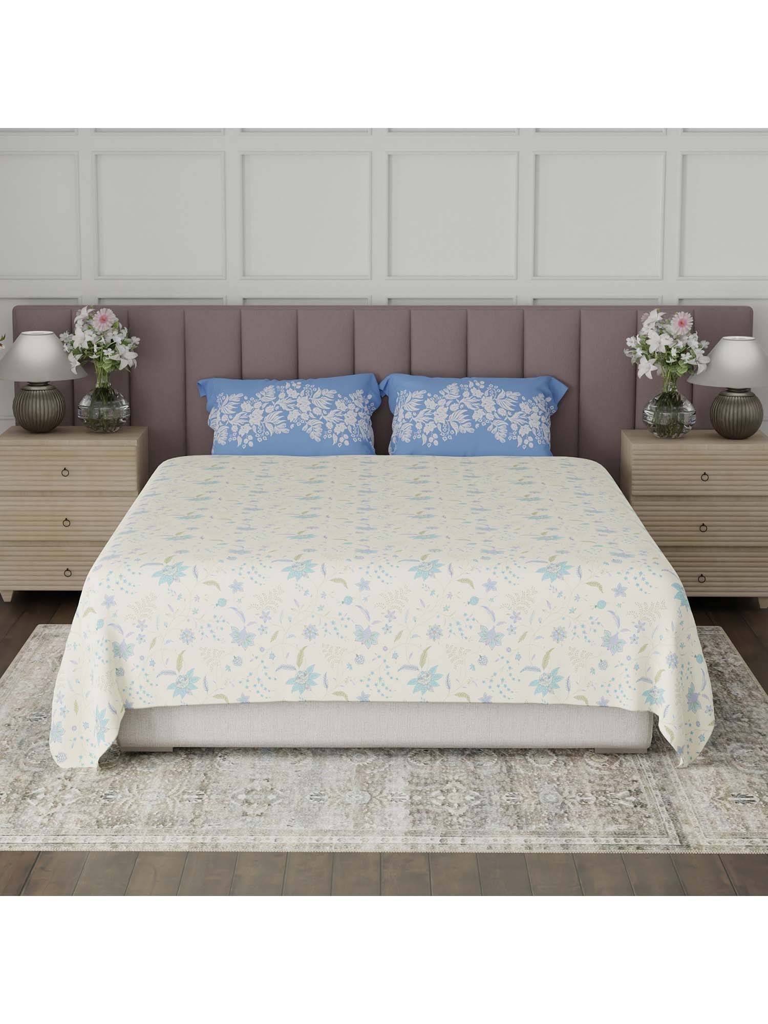 Boutique Living Valatia Breezy Jaipur Cotton 200TC Blue Floral Bedsheet with 2 Pillow Covers (King)
