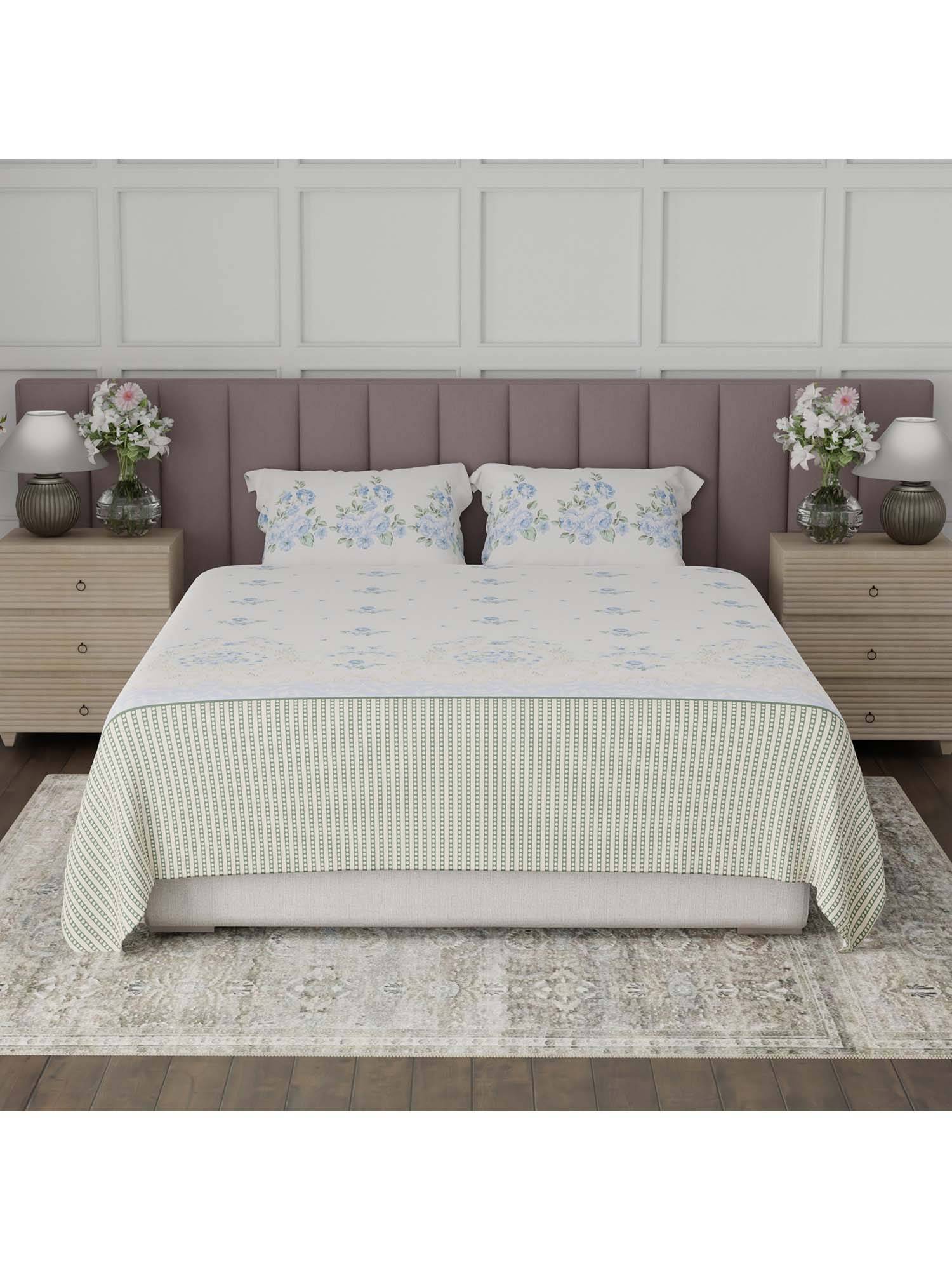 Boutique Living Valatia Breezy Jaipur Cotton 200TC Blue Floral Bedsheet with 2 Pillow Covers (King)