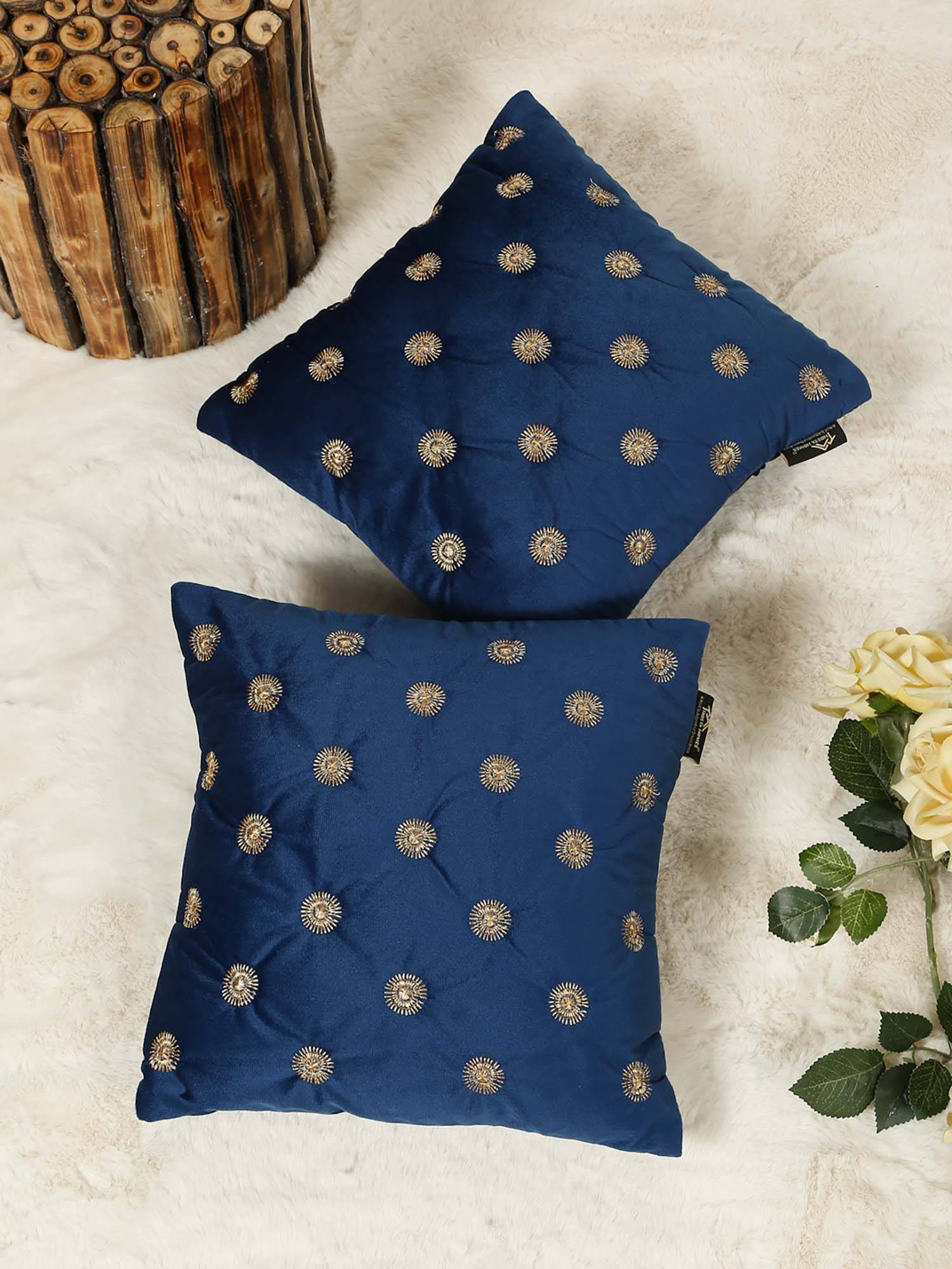 HOSTA HOMES Navy Blue Pure Velvet Embroidered Cushion Covers (Pack of 2) (16 x 16 Inches)