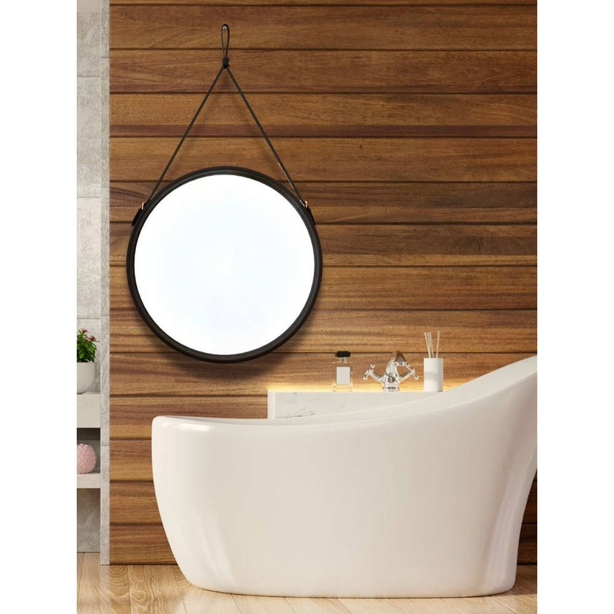 CasaGold 36 Inch Black Leather Round Hanging Mirror with Belt
