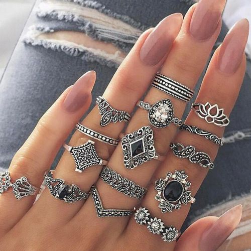 Yellow Chimes Women Silver Plated Set of 15 Boho Vintage Style Finger Rings