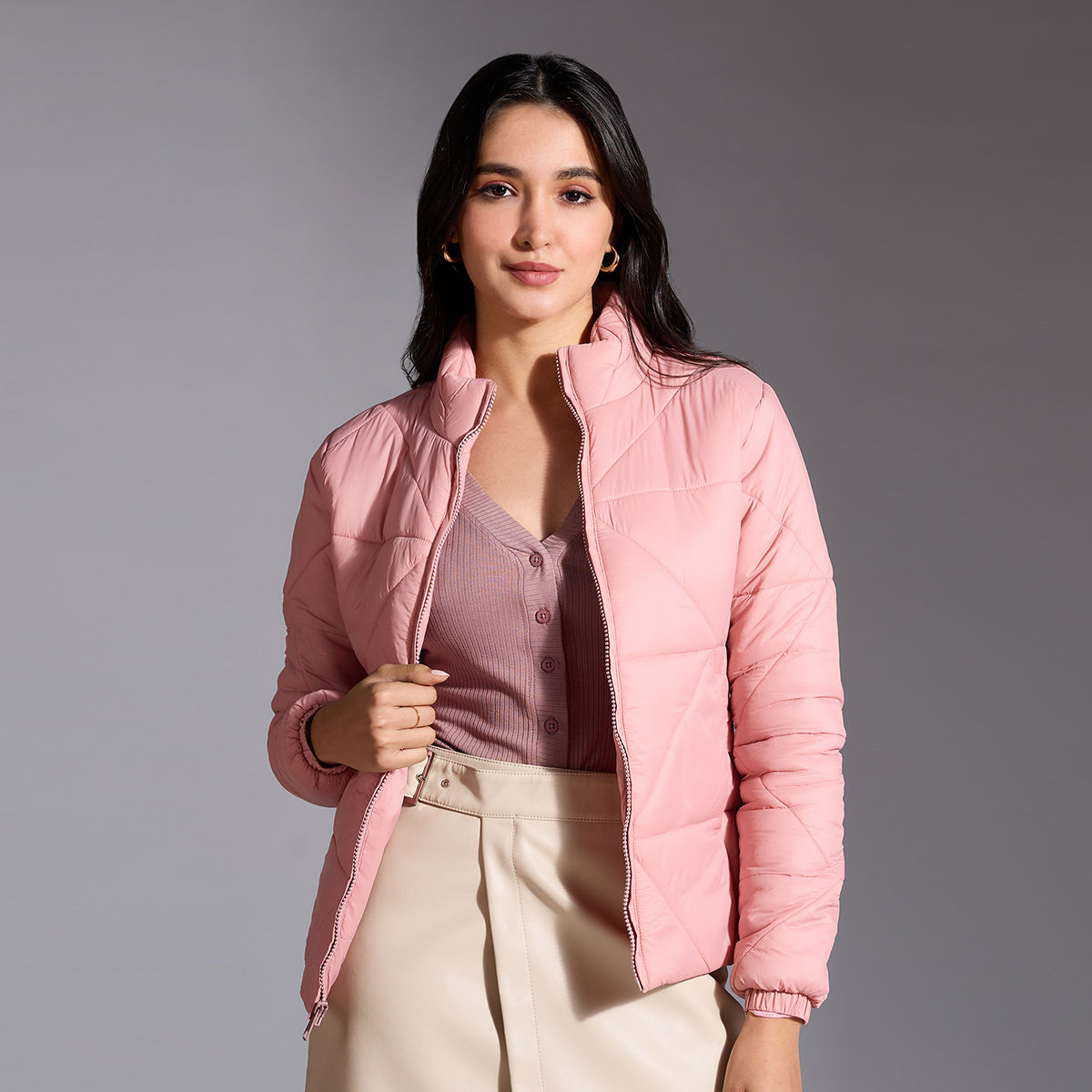 Twenty Dresses by Nykaa Fashion Pink Solid Triangular Quilted Puffer Jacket (S)