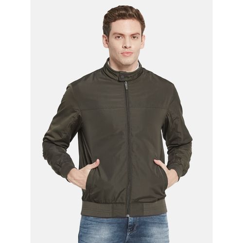 METTLE Men Olive Green Solid Bomber Jacket