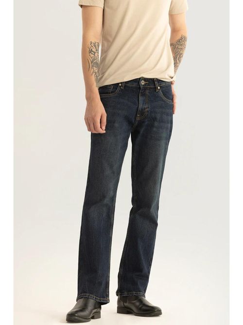 Snitch Mens Navy Blue Plain Bootcut Casual Jeans
