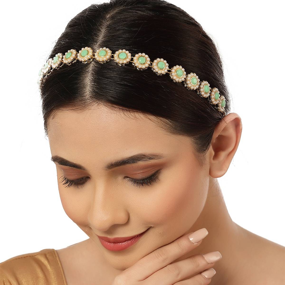 Karatcart Gold Plated Light Green Sun Flower Design Kundan Hairband for Women