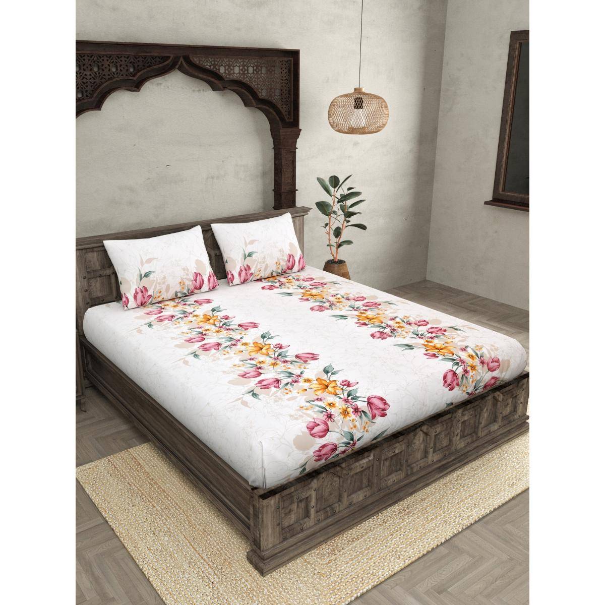 JAIPUR FABRIC 210 TC Cotton Floral King Bedsheet for Double Bed with Pillow Covers