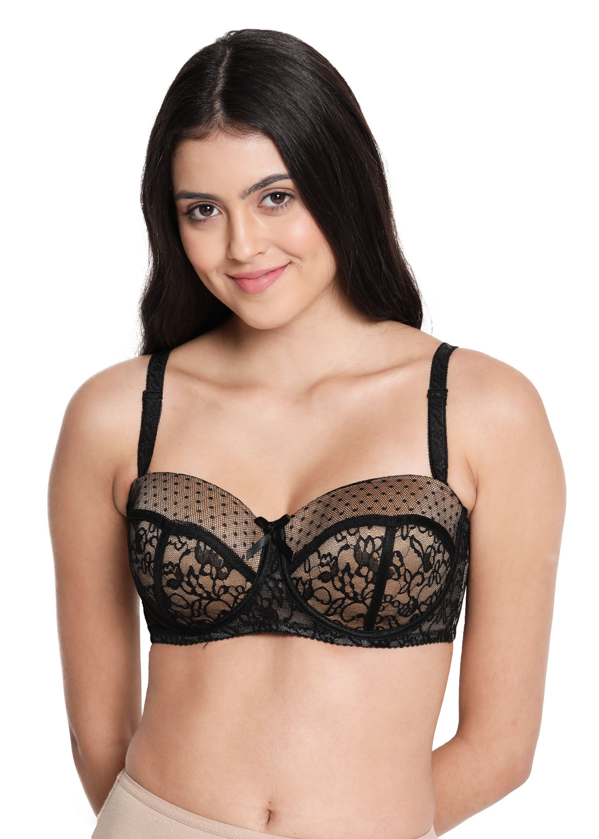 Shyaway Susie 3/4th Coverage Underwired Lace Overlay Balconette Padded Bra-  Black (30E)
