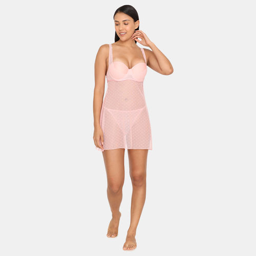 Buy Zivame Dual Tone Lace Soft Mesh Gentle Push Up Babydoll With G  String-Pink at Rs.798 online