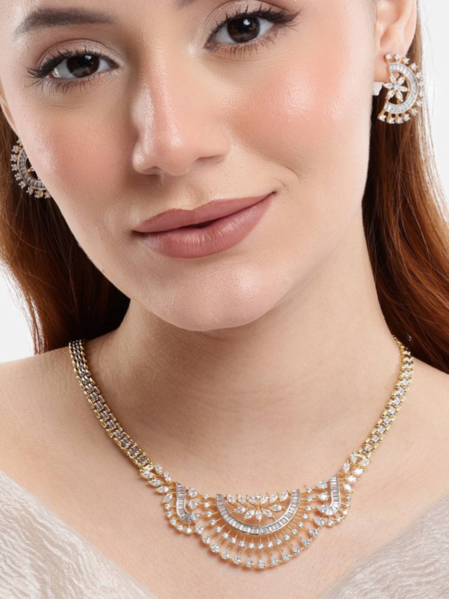 Nuyug American Diamond Eterna Arc Necklace and Earrings Set