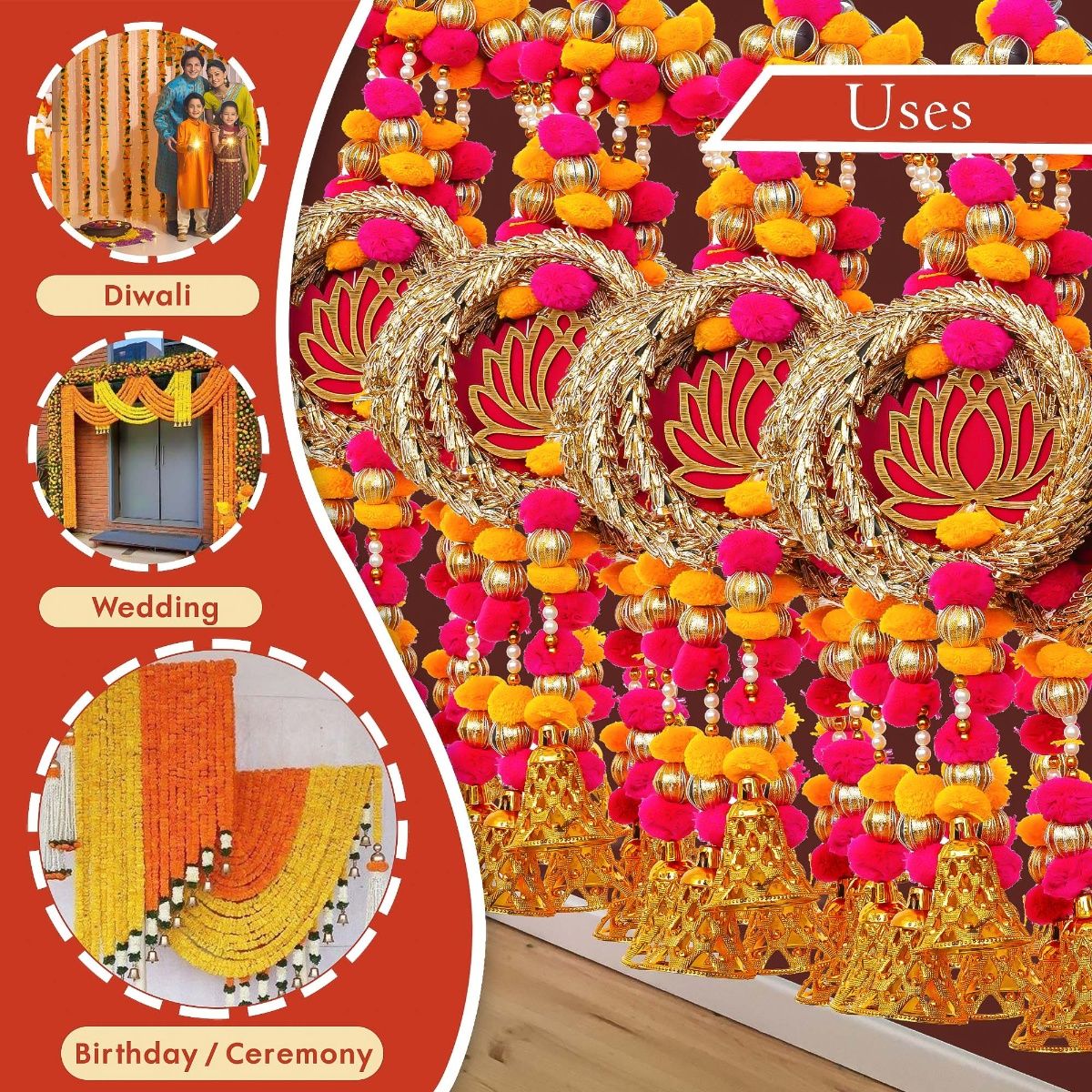 Orange Color Beads & Mirror lotus design booti pack of 4 for toran tea light decoration & Festive DIY Craft main image 1