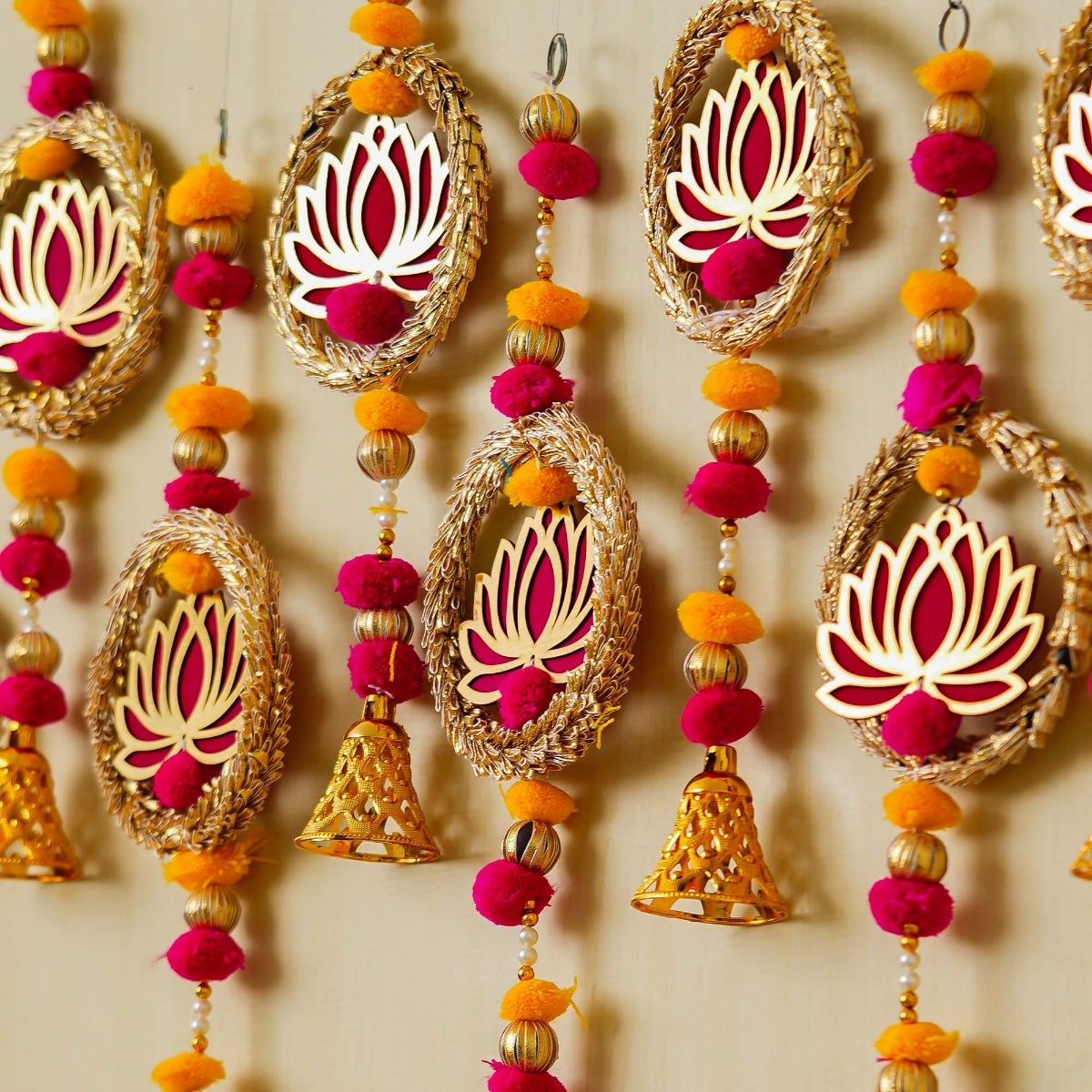 Orange Color Beads & Mirror lotus design booti pack of 4 for toran tea light decoration & Festive DIY Craft