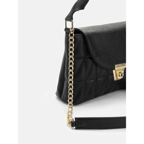 Buy Carlton London Women Black Textured Sling Bag with Gold Twist