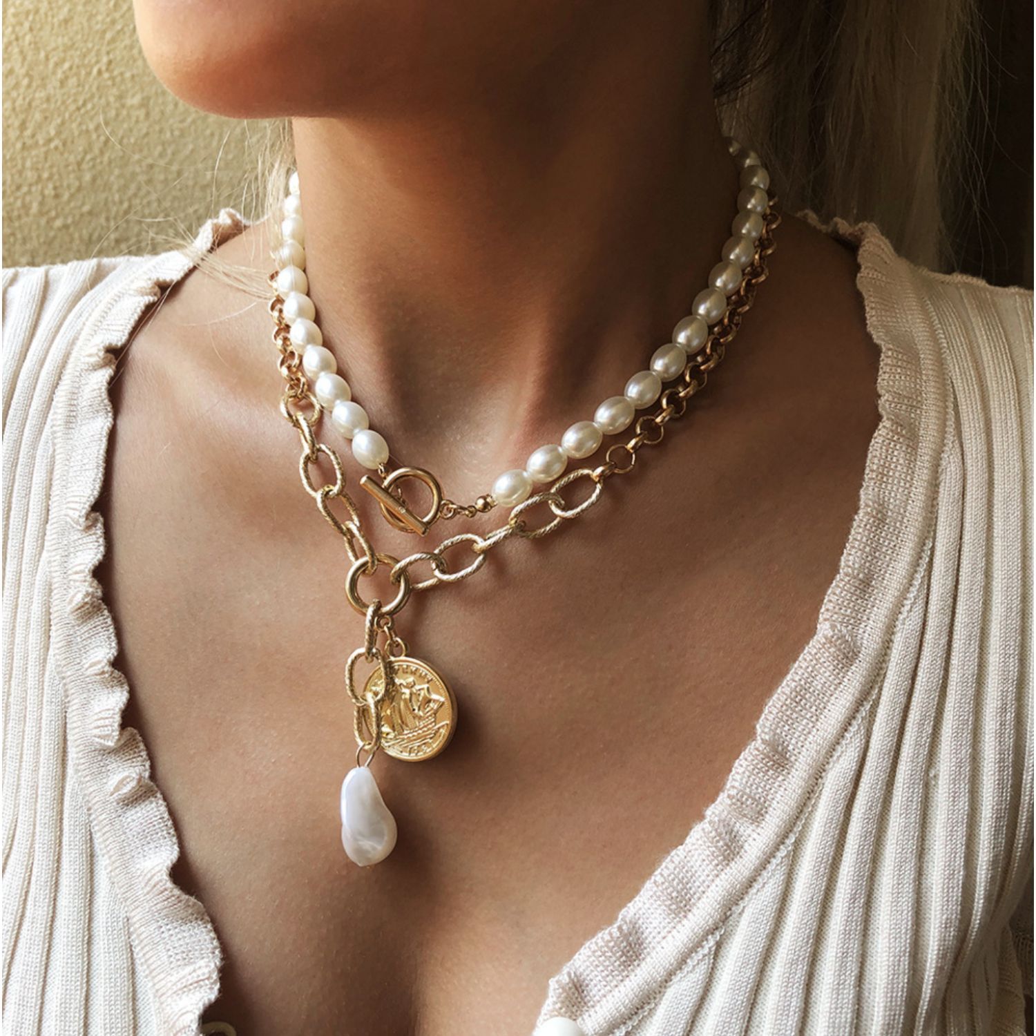Gold plated link chain necklace with baroque shell pearl and MOP evil eye -