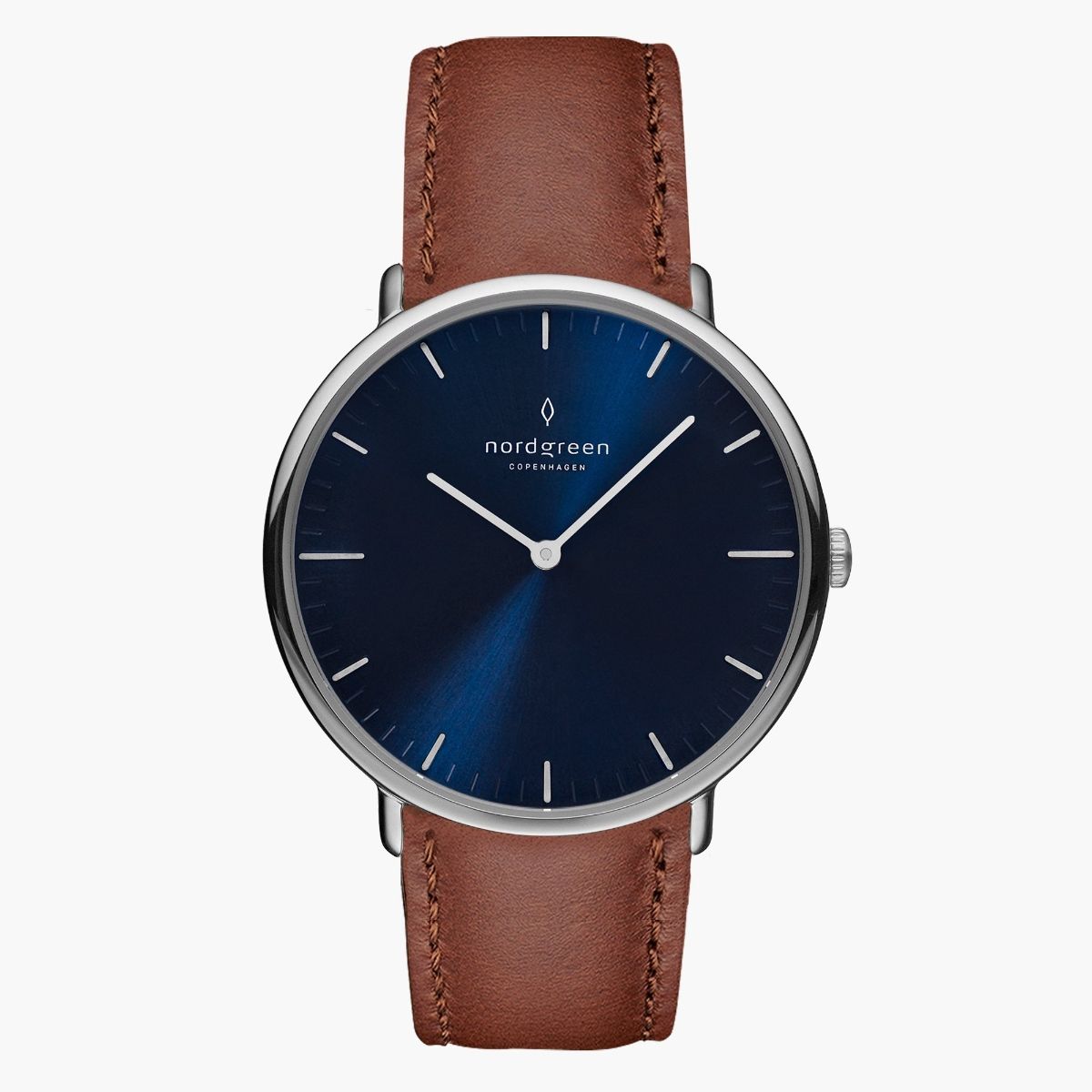 Nordgreen Native 40mm Unisex Watch, Silver Navy Dial with Brown Leather ...