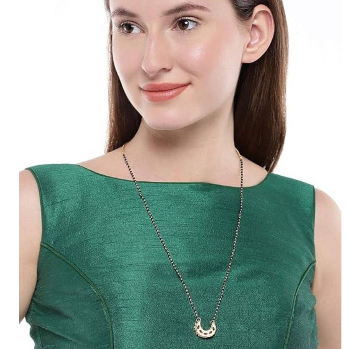 Accessher Gold Plated Stylish Moon Design Kundan Black Beaded Mangalsutra For Women