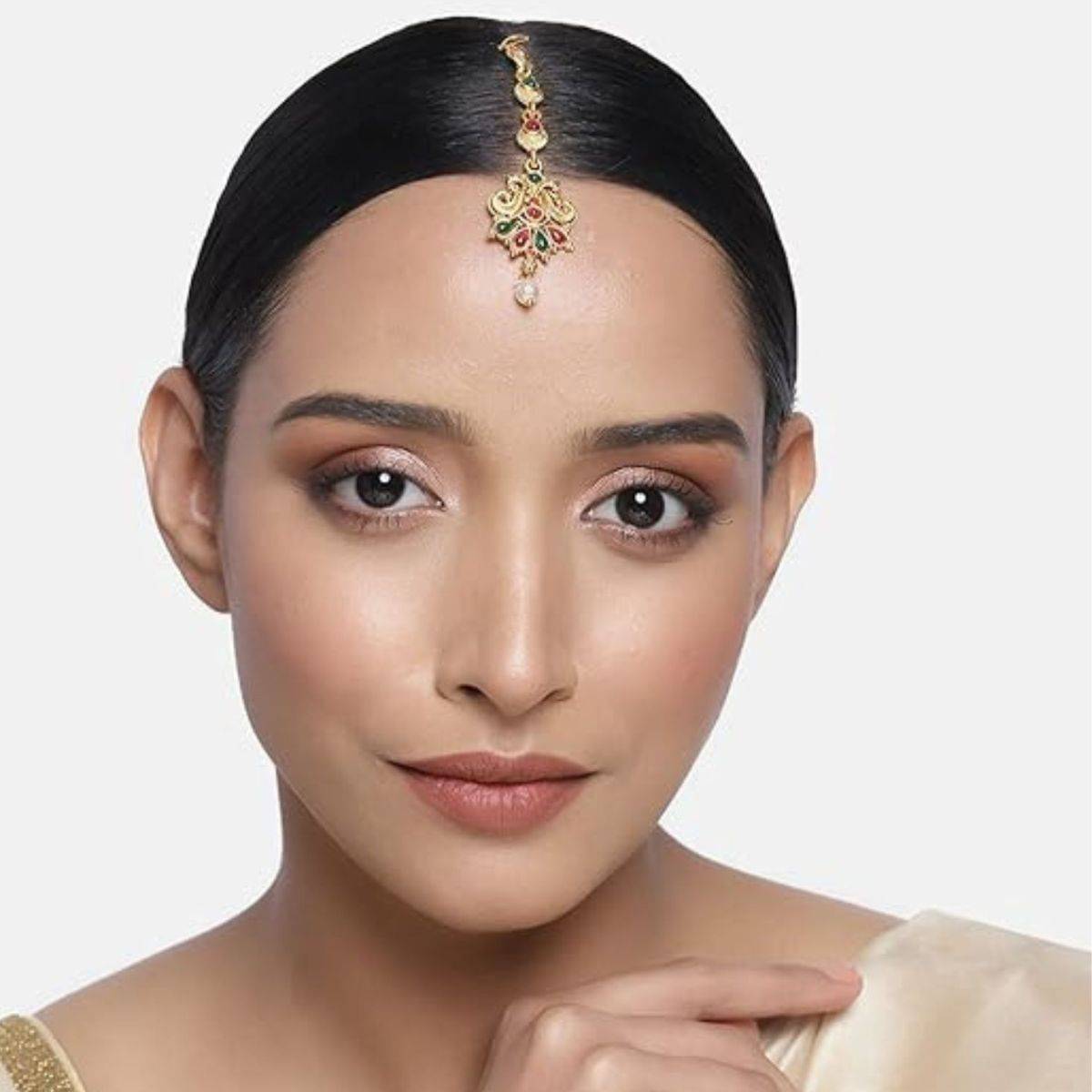 Accessher Matte Gold Plated Ruby & Emerald Stones Maang Tikka with Pearl for Women