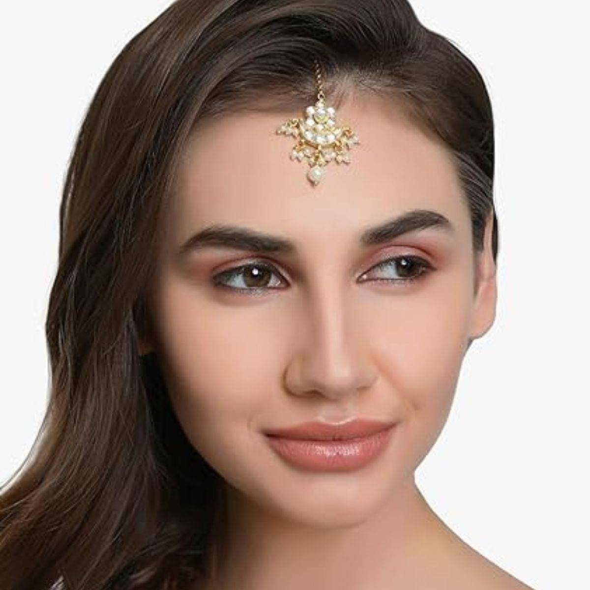 Accessher Gold Plated Kundan Embellished Maang Tikka & Pearl Drops for Women & Girls