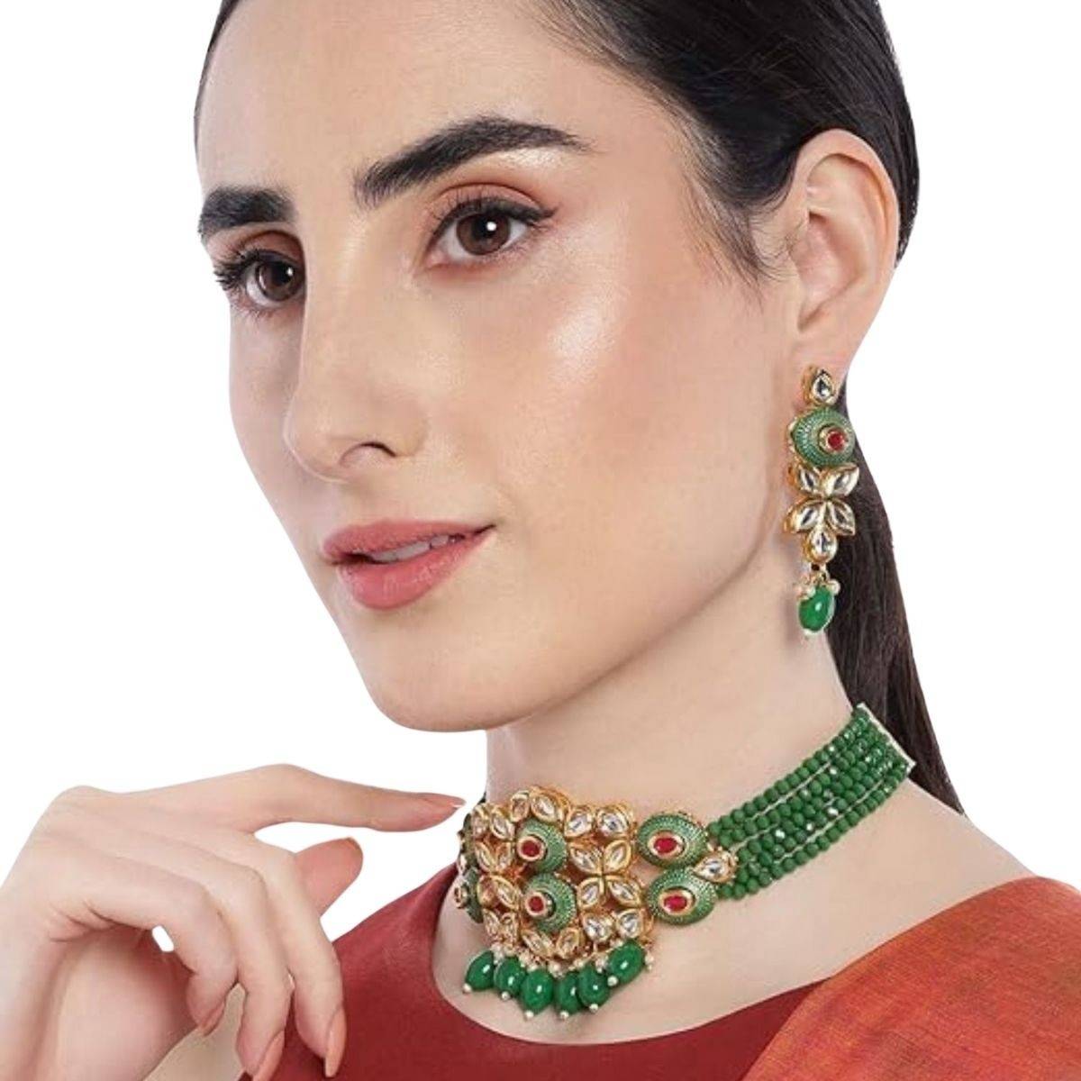 Accessher Gold Toned Kundan & Green Enamel Jewellery Set With Beads For Women & Girls
