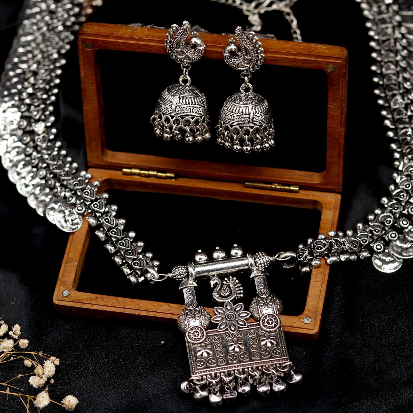 Marvelous Side Peacock Oxidised German Silver Necklace Set - South India  Jewels