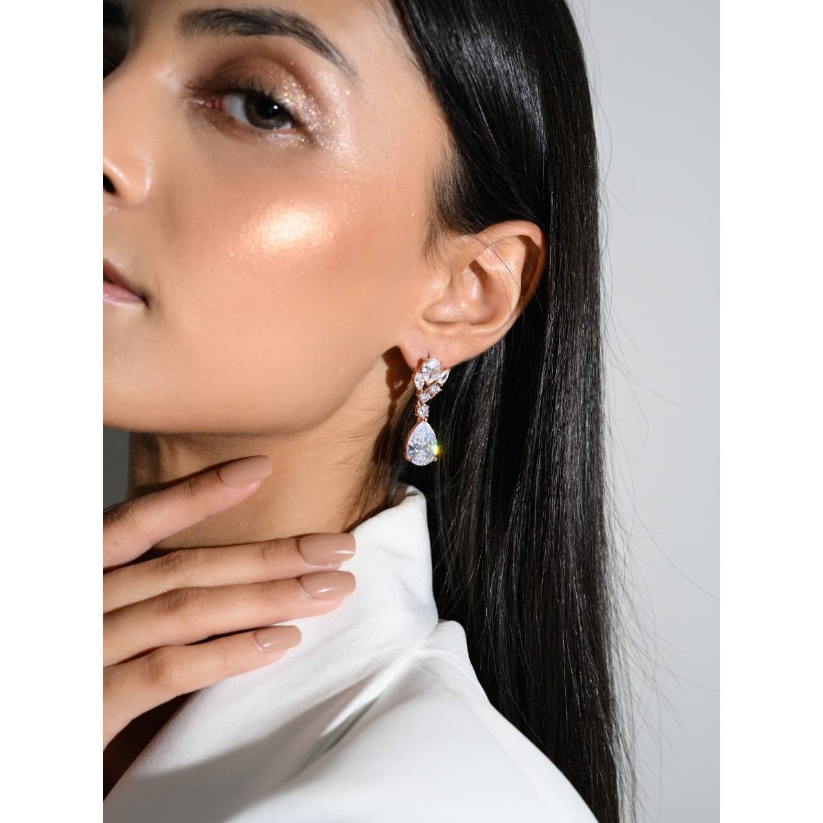 METALM Rose Gold CZ Diamonds Long Drop Earrings for Women - 925 Silver Jewelry Gift for Wedding