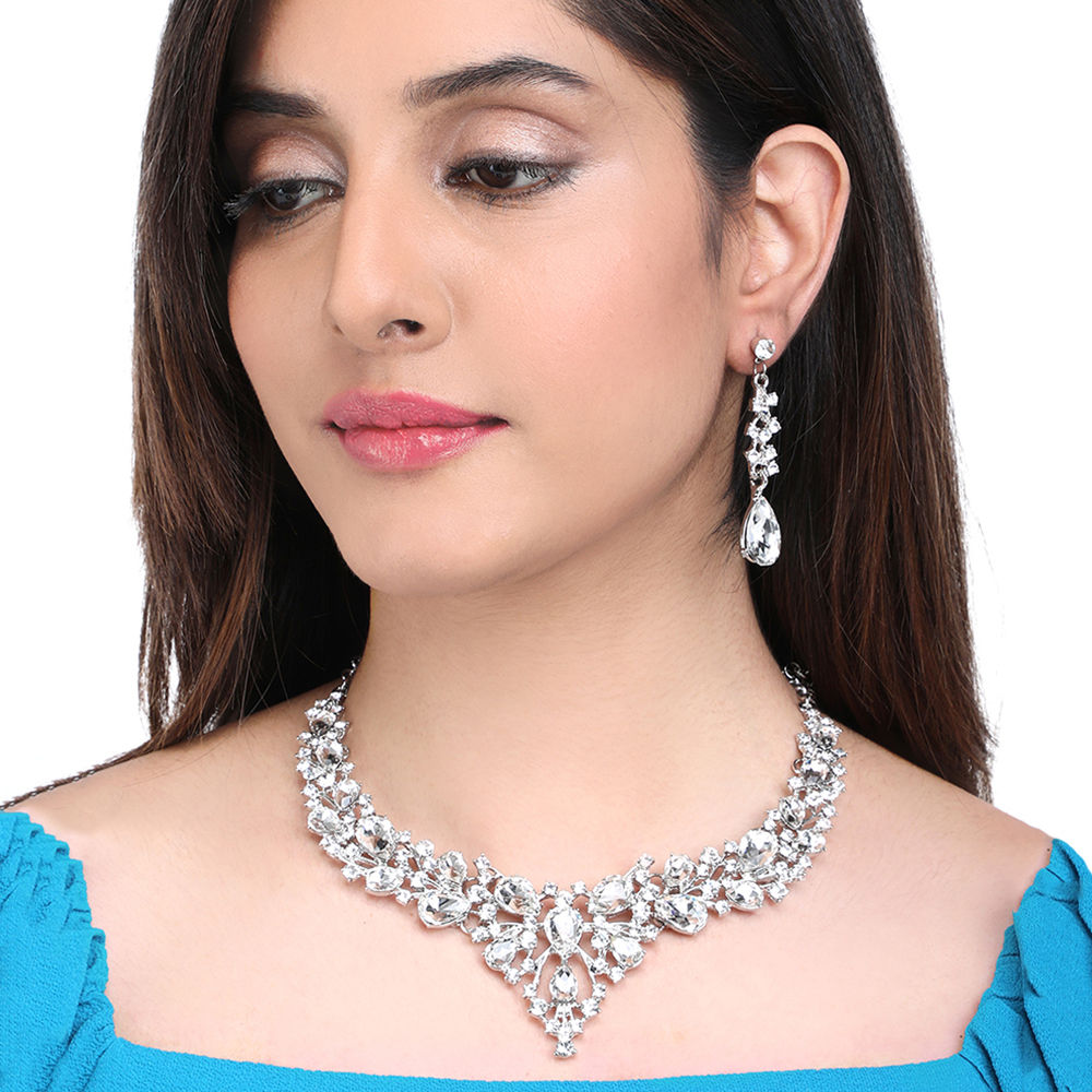 Yellow Chimes SilverToned White Crystal Studded Bridal Wedding