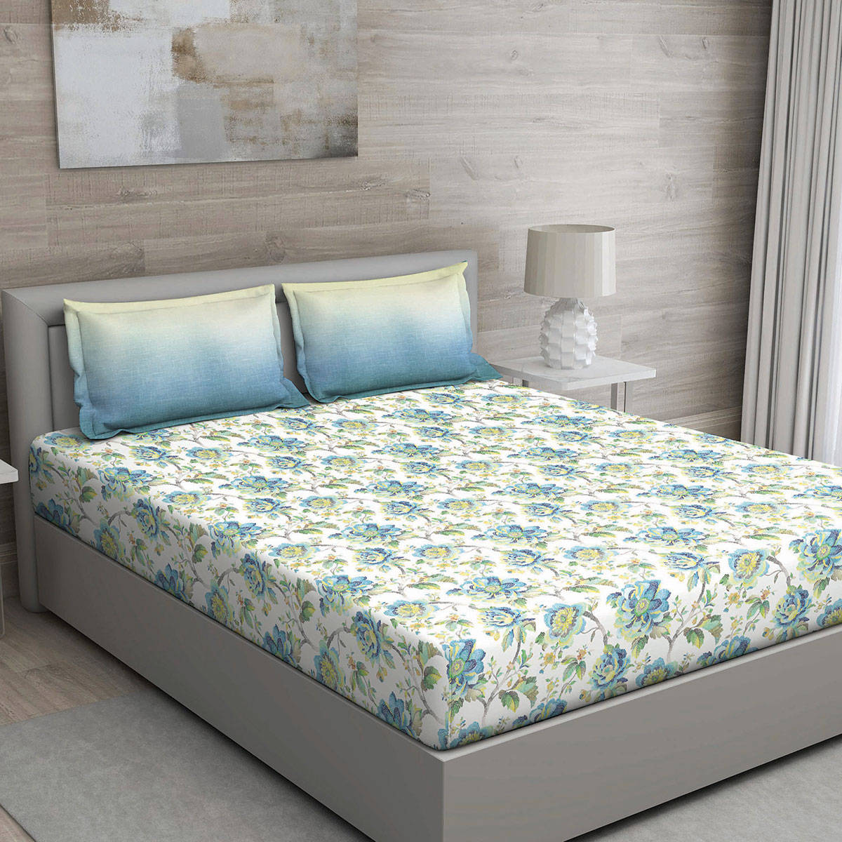 GM Blue Yellow And Green Floral 150 Tc Cotton Queen Bedsheet With 2 Pillow Covers