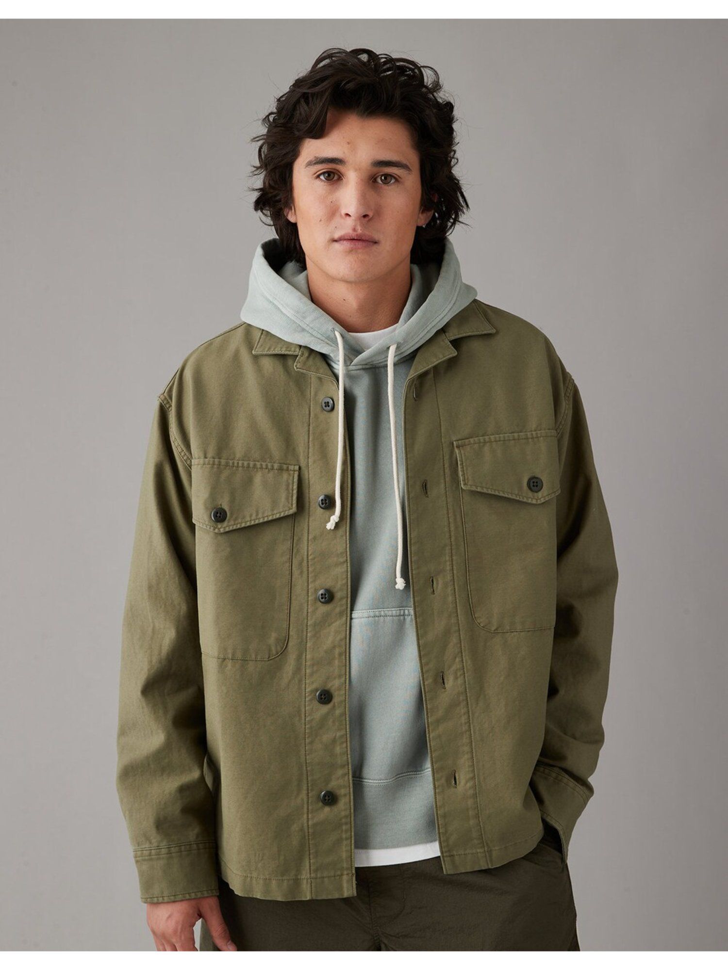 American Eagle Men Olive Oversized Shirt Jacket