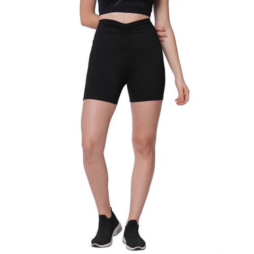 Fitkin Women Black Front Ruched Waistband Cycling Shorts (L)