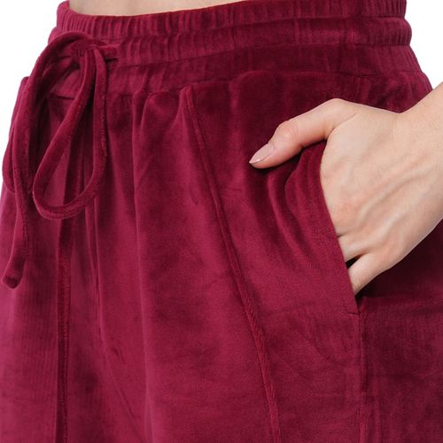 Fitkin Women Maroon Velvet Relaxed Fit Loose Pants Tracksuit (Set of 2)  (3XL)