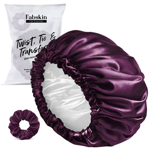 Fabskin Luxury Satin Silk Hair Bonnet Cap For Sleeping With Satin Scrunchie  Wine Color