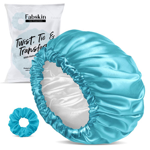 Fabskin Luxury Satin Silk Hair Bonnet Cap For Sleeping With Satin Scrunchie  Sky Blue