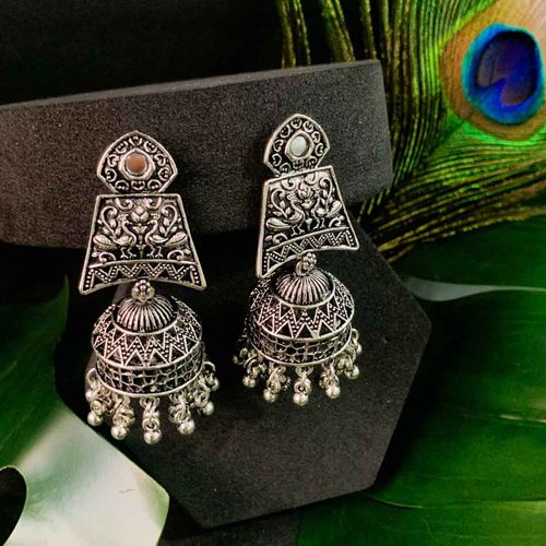 I Jewels Ethnic Silver Oxidised Afghani Style Trending Jhumka Earrings  -E3138OX