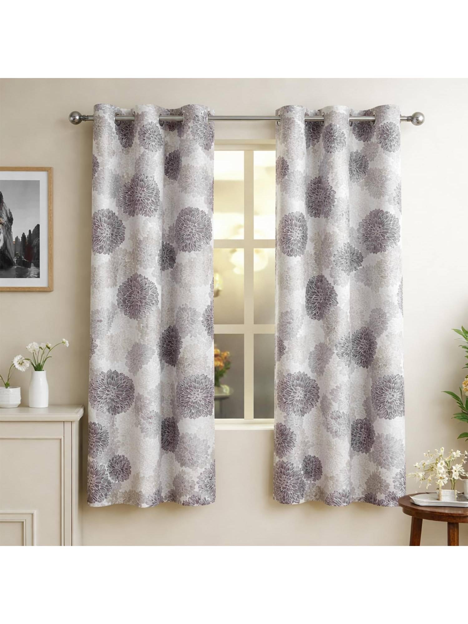 Nesterra Window Curtain, Botanical Grey Floral Print, Polyester 200 Tc (Pack of 2)