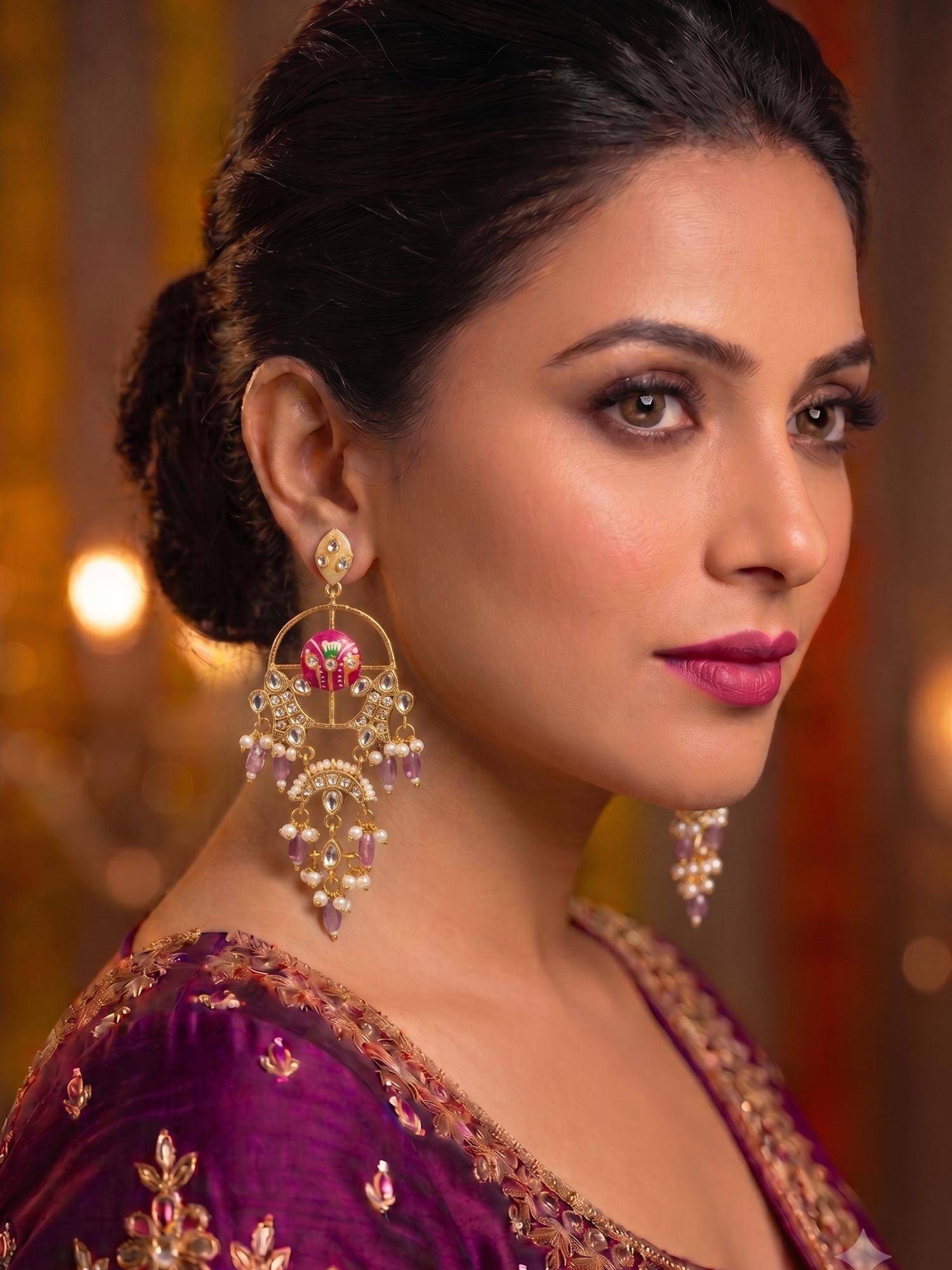 Niscka Designer Bright Pink Paan Meena Kundan and Drop Pearls Chandbali Earrings