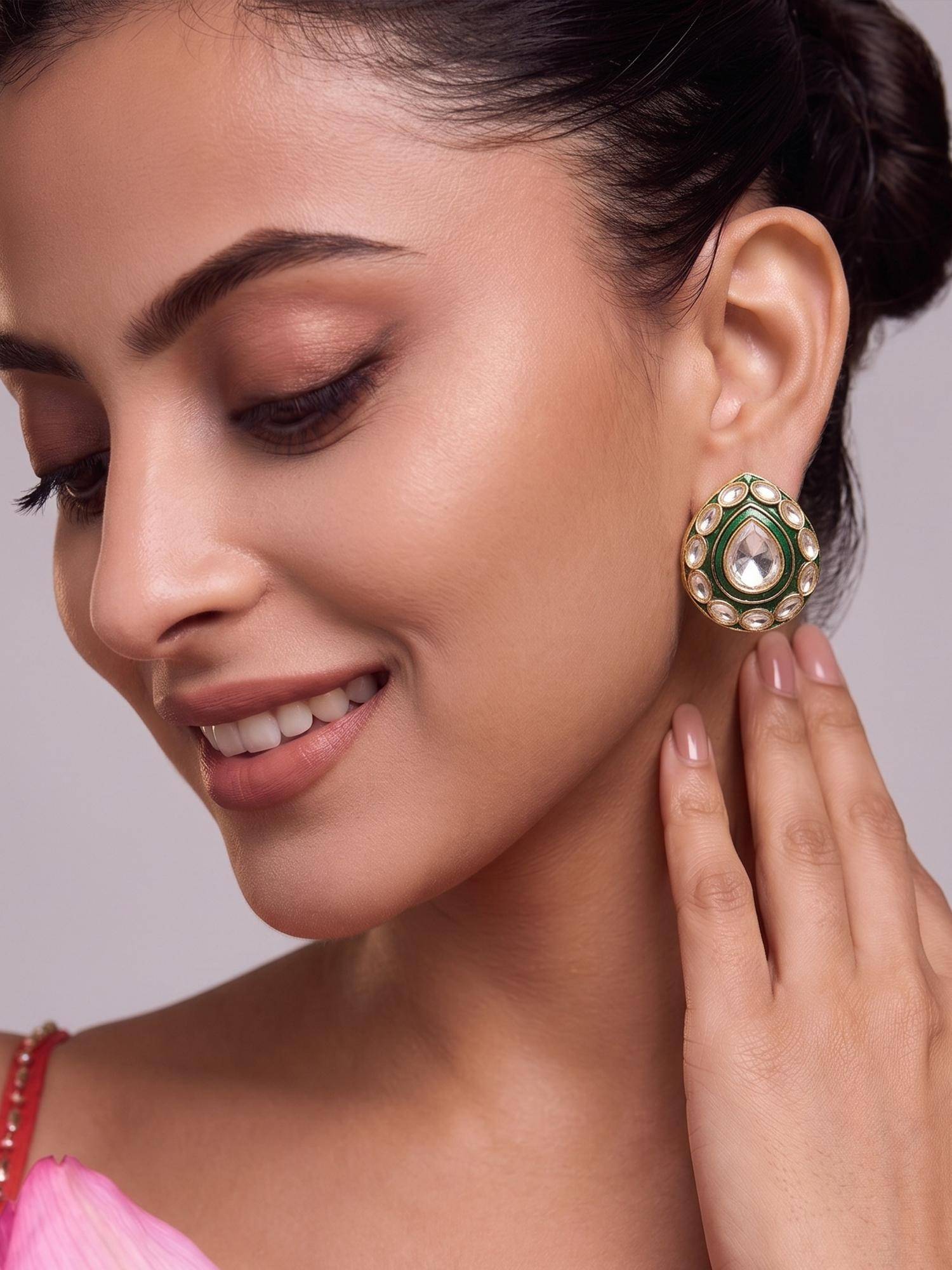 Niscka Designer Waterdrop Style White Kundan Green Meena Stud Earrings