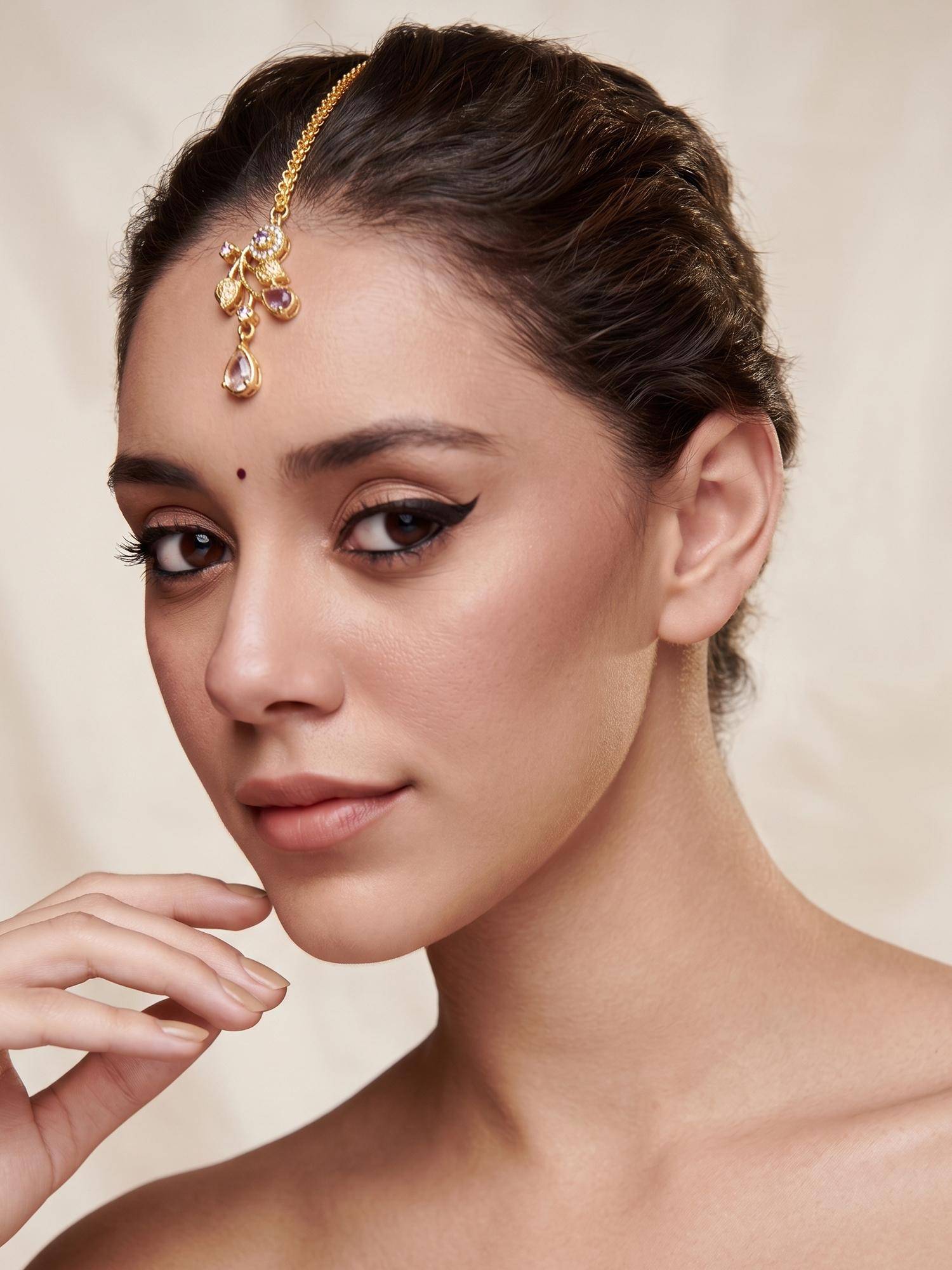 Niscka Gold Plated Pink American Diamond Floral Handcrafted Maang Tikka