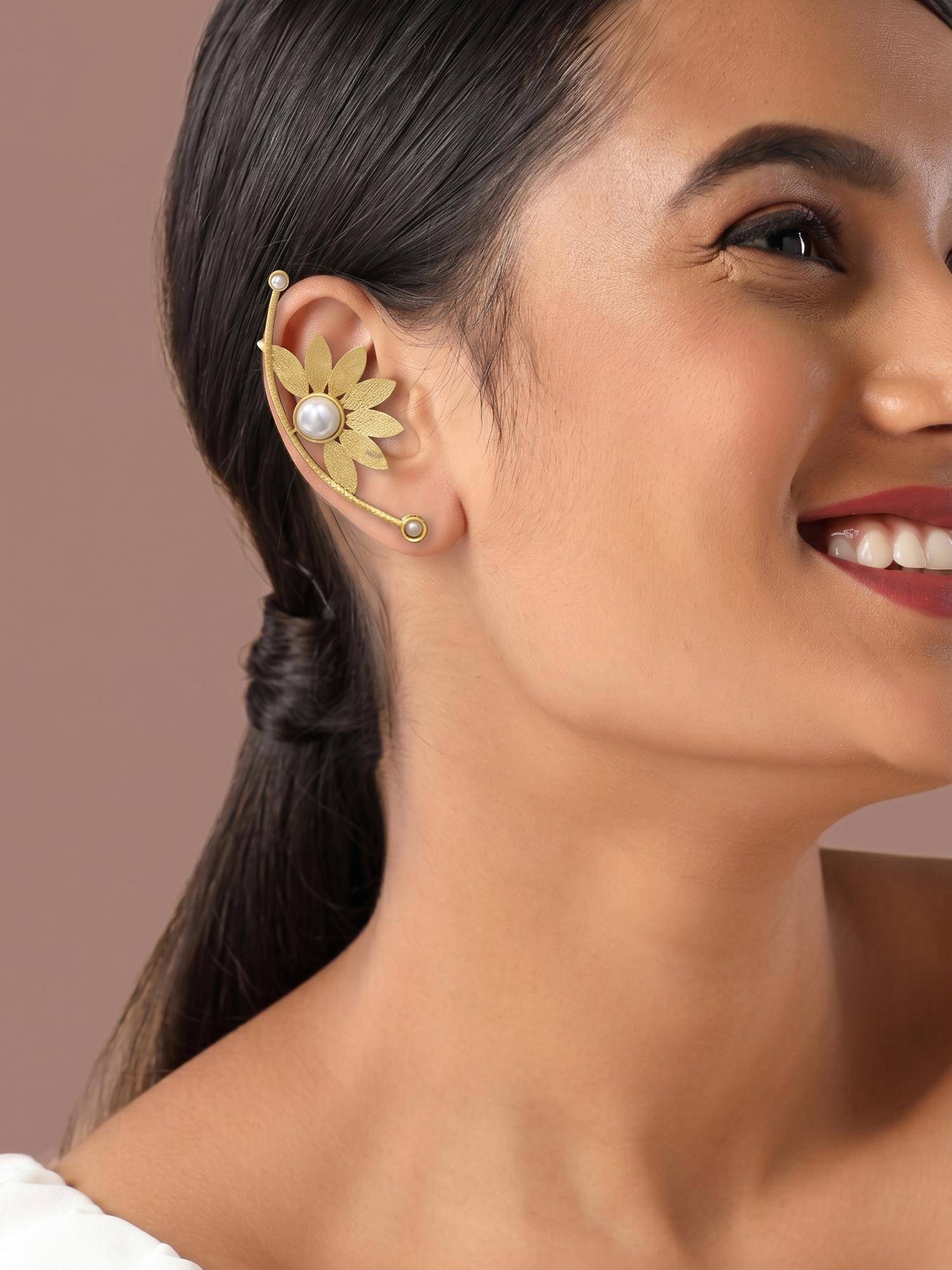 Niscka Matte Gold Plated Sunflower Ear Cuffs with Pearl Stones