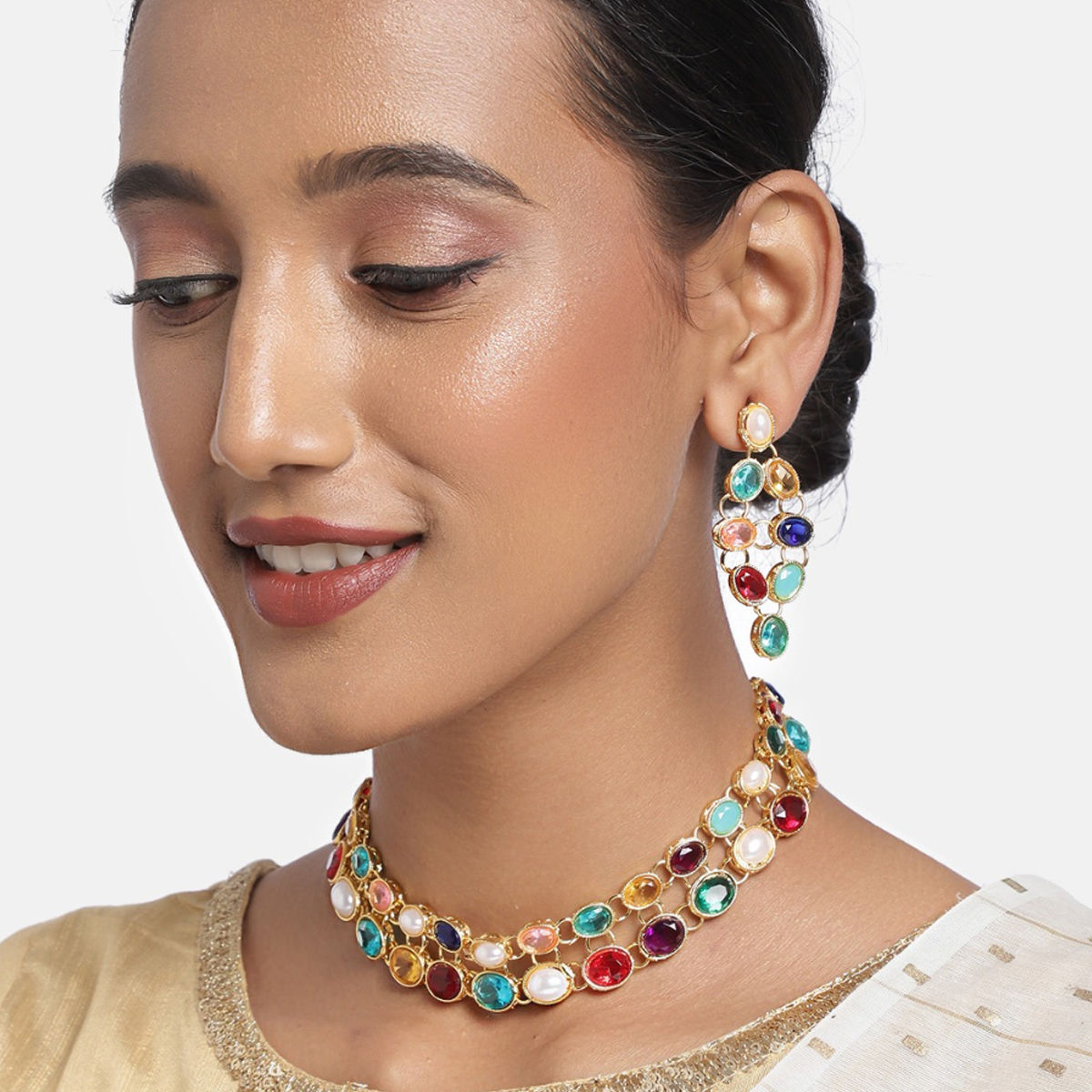 Buy Zaveri Pearls Multicolor Stones Traditional Necklace And Earring Set