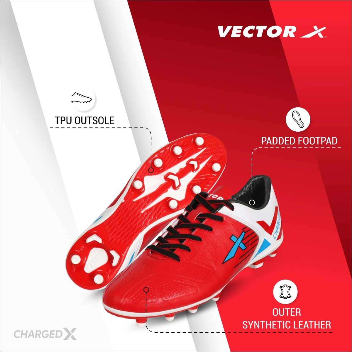 Vector X ChargedX Football Shoes for Men (RedWhiteBlue) (UK 9) Buy Vector X ChargedX