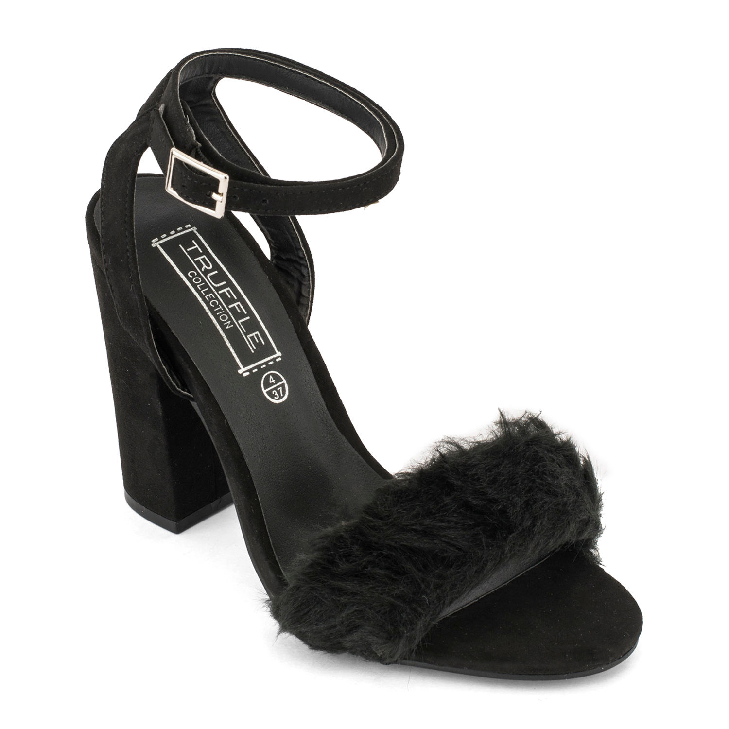 black fur block heels
