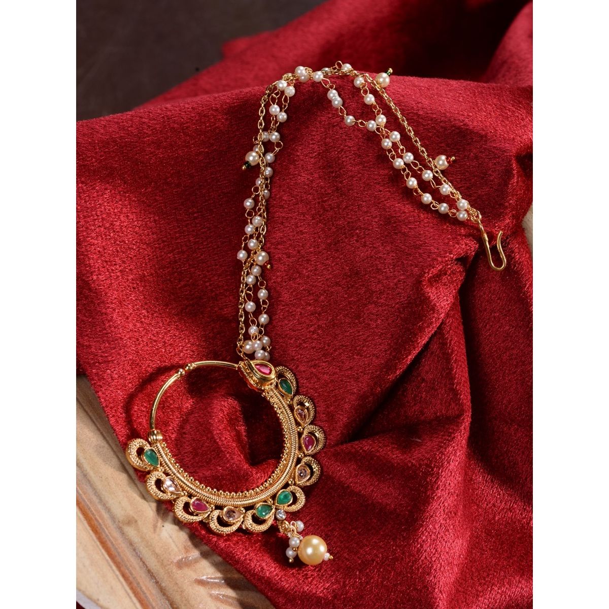 Gold Plated Kundan Nose Ring/Nath with Pearl Chain For Women/Girls –  Priyaasi