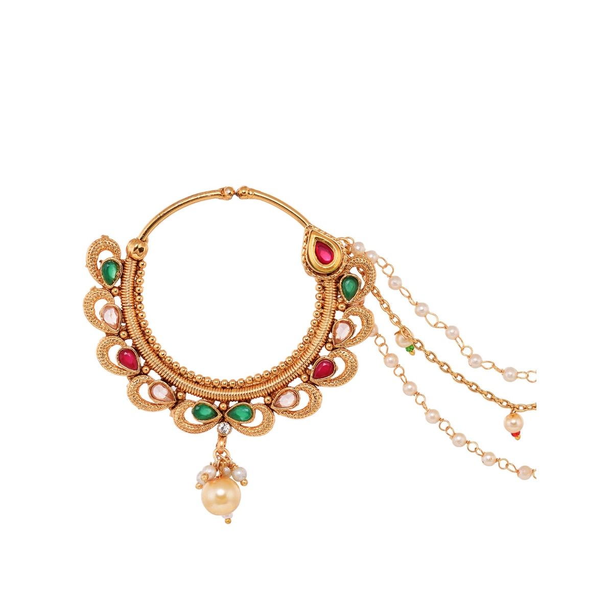 Buy Saraf RS Jewellery Gold Toned Pearl Beaded And Kundan Studded Jodha  Nose Ring With Chain Online