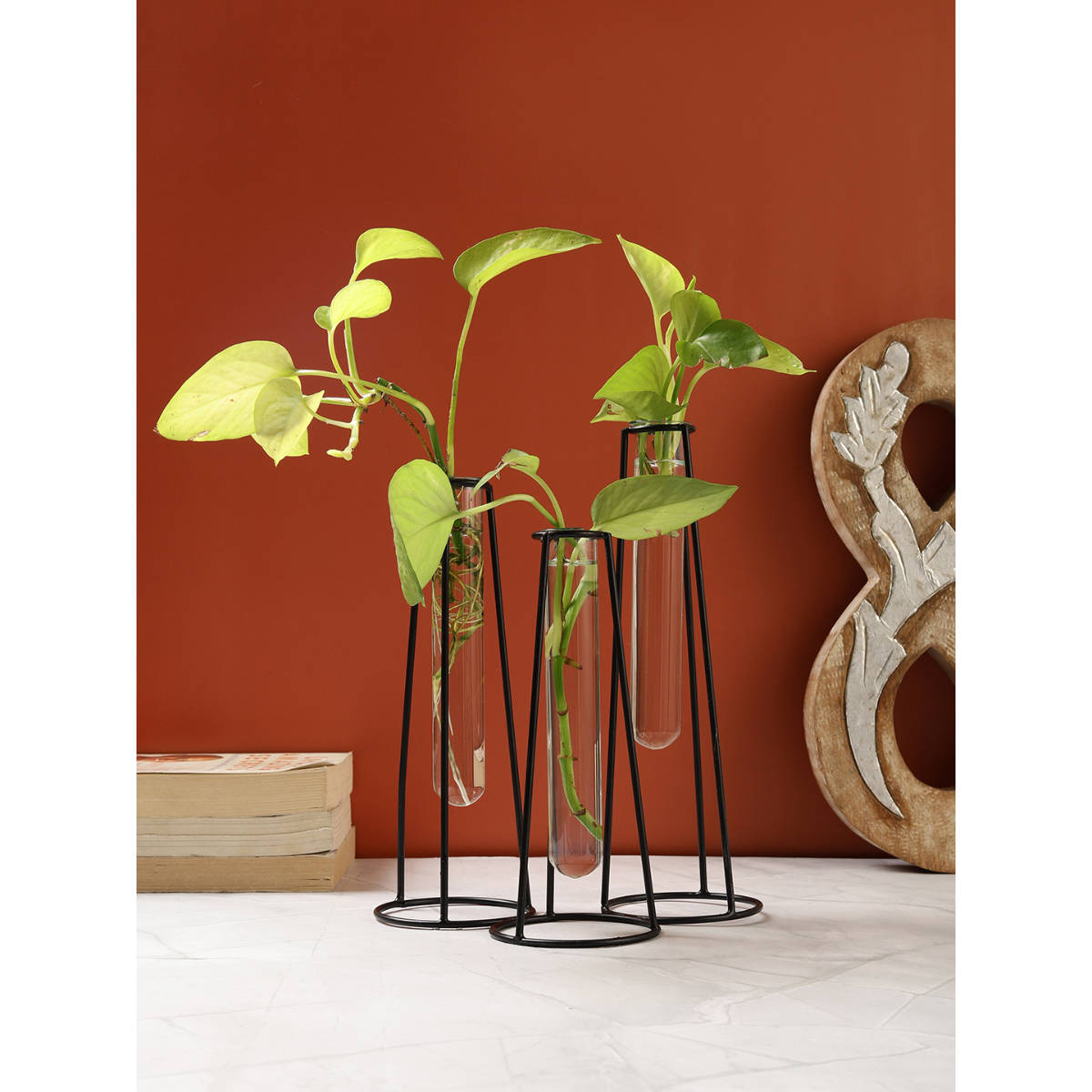 VarEesha Black Flora Iron Planter with Glass Tube (Pack of 3)