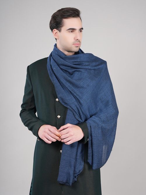 MUFFLY Mens Silk Wool Stole Self Design Wool Stole Blue