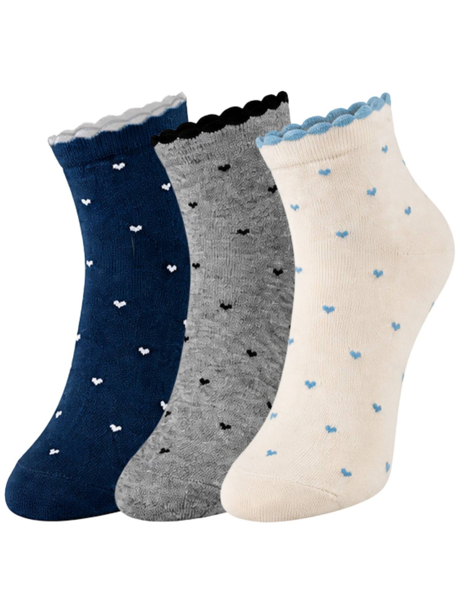 NEXT2SKIN Womens Low Ankle Length Heart Printed Cotton Socks Multi-Color (Pack of 3)