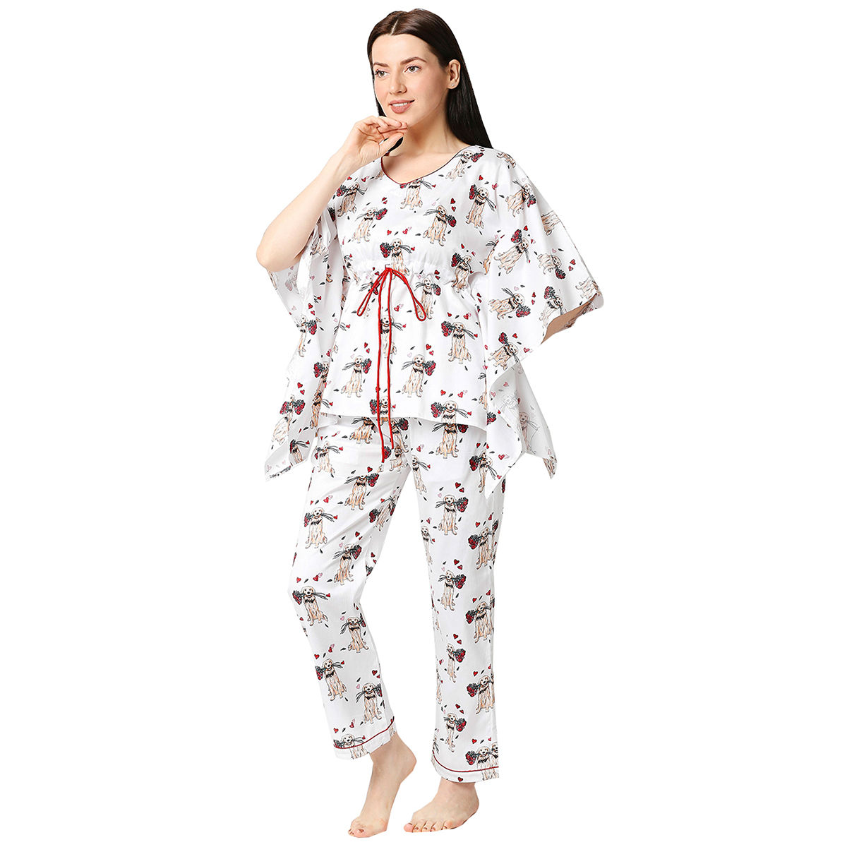 Blue - Jacquard Cotton Kaftan & Pyjama Night Suit Set