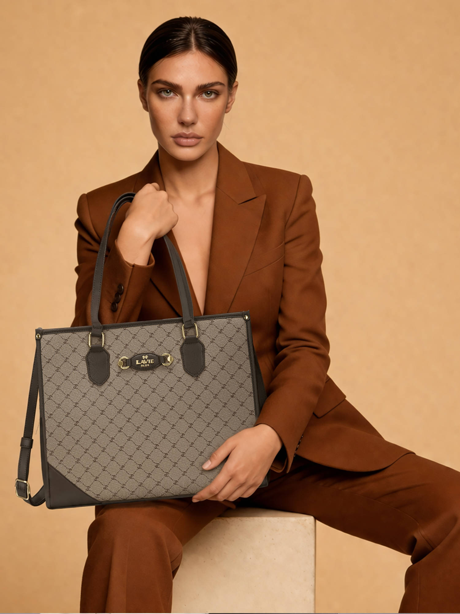Lavie Paris Women's Hugo Laptop Tote Bag with Detachable Strap- Khaki (LARGE)
